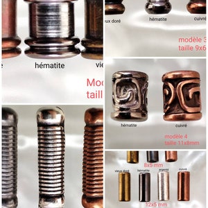 Op de afbeelding: Een verzameling metalen kralen in diverse vormen en afwerkingen. De kralen zijn in hematiet, koper en zilver tinten, sommige met decoratieve patronen. Maten worden aangegeven als 9x6 mm, 11x8 mm, 8x5 mm en 12x5 mm.