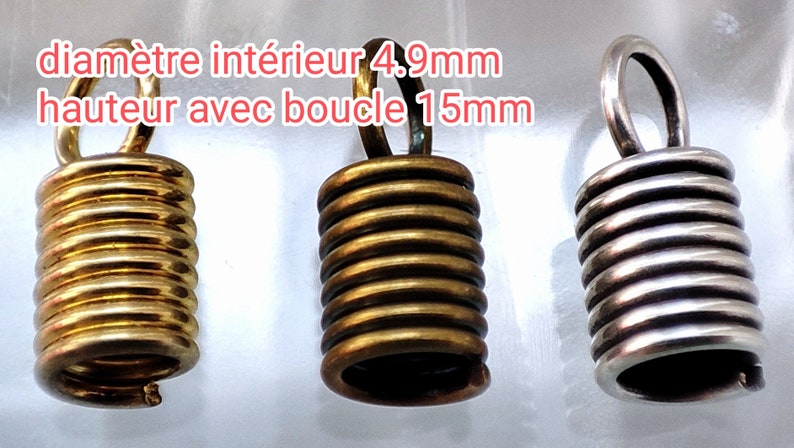 Lot d'embouts ressort pour cordon cuir, coton ou métal par 10 pièces Diam 4.9mm h 15mm