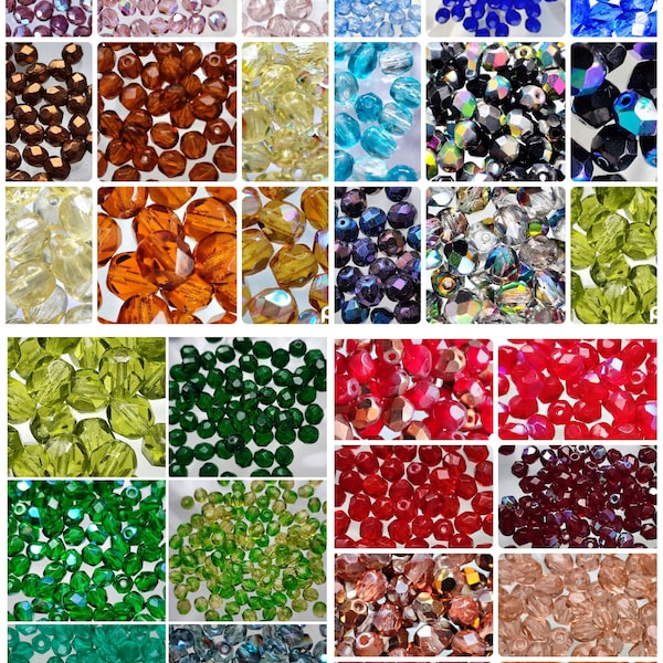 50 perles à facettes 4mm/5mm/6mm/8mm en verre de bohème, grand choix de couleurs