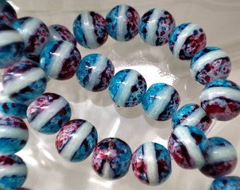20 cuentas de vidrio redondas de 8 mm de color turquesa fosforescente blanco y rojo