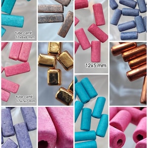 Pode incluir: Conjunto de tubos de cerâmica coloridos de vários tamanhos. Os tubos são quadrados e têm um acabamento fosco. O texto "tube carré 17x8x8 mm" é visível no canto superior esquerdo da imagem. O texto "tube carré 17x7x7 mm" é visível no canto inferior esquerdo da imagem. O texto "12x5 mm" é visível no canto inferior direito da imagem. O texto "tube carré 17x8x8 mm" é visível no canto inferior esquerdo da imagem. O texto "12x5 mm" é visível no canto inferior direito da imagem.