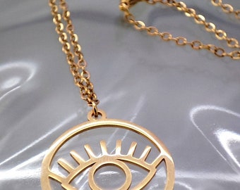 Golden stainless steel necklace with protective eye pendant, luck