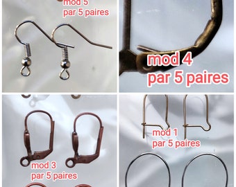 Lot de 5 paires de boucles d'oreilles dormeuses ou crochets, support de boucles d'oreilles, 5 modèles différents, choix de couleurs.