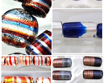 Lot de 4 perles tubes, rondes ou ronds plats en verre fabrication artisanale d'Inde