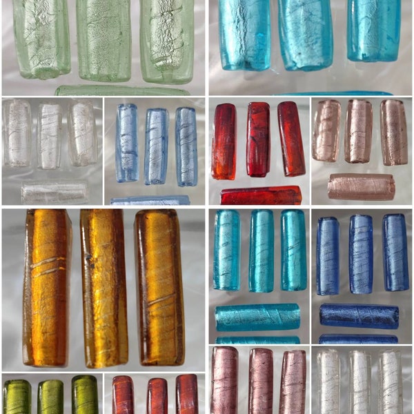 Lot de 5 tubes carrés en verre feuille argent style Murano, choix 2 tailles différentes couleurs