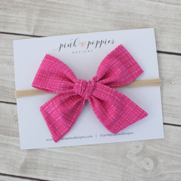 Over-sized Pink Grid Hair Bow, Hot Pink Headband, Bright Pink Hair Bow, Baby Girl Headband, Bright Pink Headband, Pink Toddler Bow