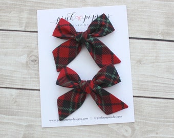 Holiday Plaid Pig Tail Bows, Gingham Hair Bow, Christmas Hair Bow, Christmas Plaid Hair Clip, Red Gingham Toddler Bow, Christmas Toddler Bow