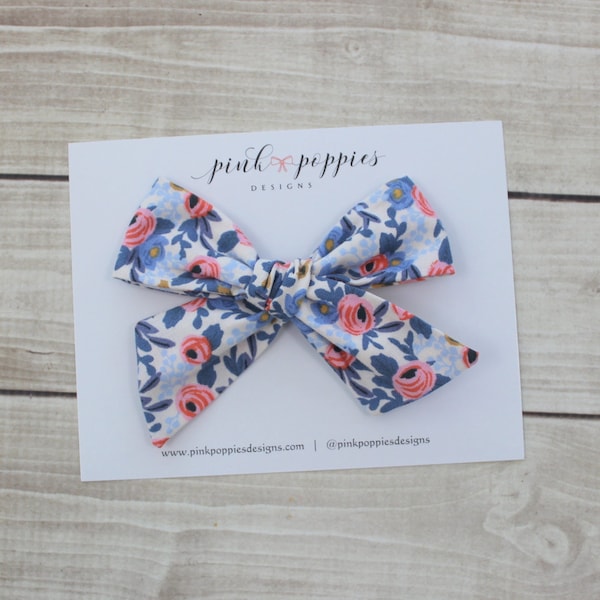 Periwinkle Floral Hair Bow, Rifle Paper Co Bow, Baby Girl Headband, Floral Bow Hair Clip, Floral Baby Bow, Blue Floral Hair Bow