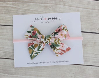 Floral Bow Headband, Rifle Paper Co Hair Bow, Baby Girl Headband, Pink Floral Hair Bow, Nylon Headband, Cotton Hair Bow, Hand-tied Bow