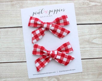 Burgundy and White Gingham School Hair Bows 5 Items Bow Girls Clips Kids Uniform