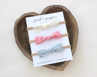 Knotted Velvet Bows   -  Set of 3  - Nylon Headbands or Clips  -  Baby and Toddler