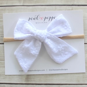 White Embroidered Bow, White Baby Bow, Embroidered Bow Headband, White Eyelet Bow, Nylon Baby Headband, White Heirloom Bow, Hand tied Bow