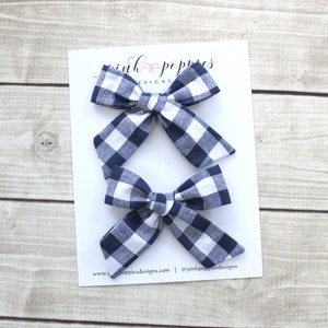Navy Gingham Pigtail Set, Gingham July 4th Bows, Plaid Hair Bow Set, Gingham Hair Clips, Navy July 4th Hair bow, Navy Plaid Piggy Bows