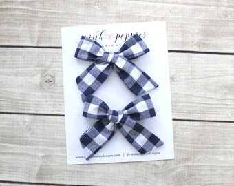 Navy Gingham Pigtail Set, Gingham July 4th Bows, Plaid Hair Bow Set, Gingham Hair Clips, Navy July 4th Hair bow, Navy Plaid Piggy Bows