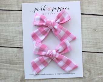 Carnation Pink Pigtail Bows, Pink Plaid Hair Bows, Pink Piggy Bows, Pink Gingham Bow, Pink Hair Clips, Gingham Piggy Bows, Pink Hair Bows