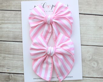 Pink Striped Pigtail Bows  -  Alligator Clips  -  Set of Two