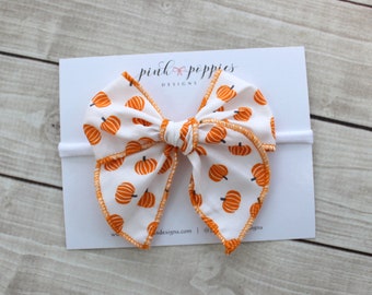 Pumpkin Halloween Hair Bow -  Comes on One Size Nylon Headband or Alligator Clip  - Soft, 100% Cotton