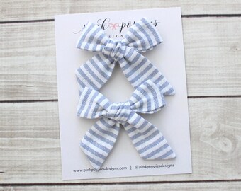 Chambray Stripes Pigtail Bows -  Set of Two  -  Linen on Alligator Clips  -  Sized for Toddler and Girls