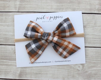Fall Plaid Hair Bow, Gingham Headband, Hand Tied Hair Bow, Plaid Hair Clip, Baby Girl Headband, Fall Plaid Headband, Thanksgiving Headband