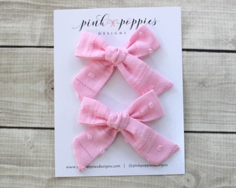 Pink Eyelet Pig Tail Set, Pink Baby Bows, Pink Piggy Bows, Cotton Baby Bows, Baby Pigtail Bows, Light Pink Bows, Pink Hair Clips, Baby Bows