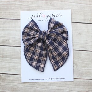 Fall Navy Gingham Hair Bow - Fits Toddlers and Girls of all Ages - Hand-tied Bow on Hair Clip