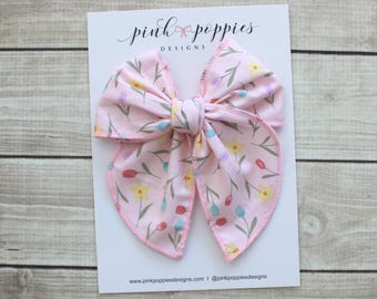 Pink Spring Tulips Hair Bow - Fable Style  -  Cotton Floral Print - Alligator Clip