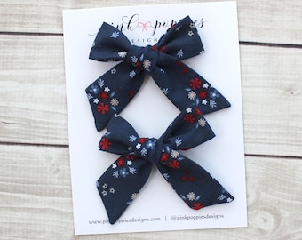 Patriotic Floral Pigtail Bows -  4th of July Hair Accessories  -  Red Blue White Flower Clips