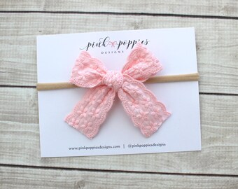 Pink Cotton Lace Hair Bow  -  Nylon Headband for Babies -   Alligator Clip for Girls