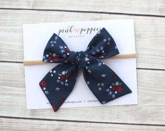 4th of July Bow Headband -  Red, White, Blue Floral Print  -  Nylon Band or Alligator Clip