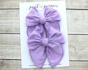 Purple Eyelet Pigtail Bows  -  Fable Style on Alligator Clips  -  Toddlers and Girls Hair Accessory