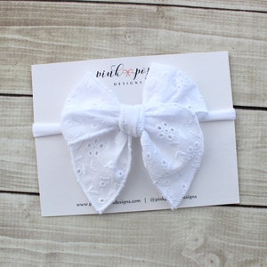 White Eyelet Hair Bow, Cotton Hair Bow, Eyelet Hair Clip, White Easter Headband, White Eyelet Headband, Eyelet Easter Bow, White Easter Bow image 2