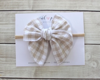 Neutral Gingham Baby Headband  -  Linen Bow on Soft Nylon Band