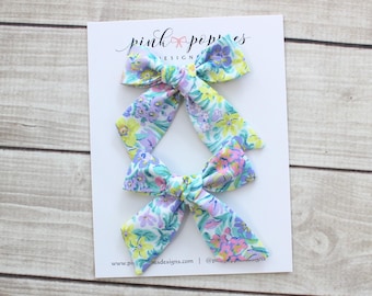 Pastel Floral Pigtail Bows, Liberty of London Fabric, Alligator Clips, Set of Two