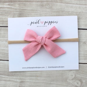 Blush Linen Hair Bow, Pink Bow Headband, Pink Hair Bow, Pink Linen Hair Bow, Baby Headband, Linen Hair Clip, Blush Pink Headband, Pink Bow