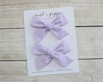 Lilac Pigtail Bows, Toddler Hair Bows, Lavender Cotton Bows, Hand-tied hair Bows, Lilac Hair Clips, Easter Pig Tail Clips, Purple Baby Bows