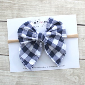 Navy Gingham Headband, Navy Patriotic Headband, 4th of July Hair Bow, Navy Plaid Headband, Independence Day Bow, USA Headband, Navy Headband