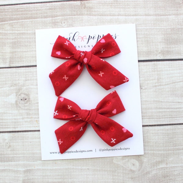 X/O Heart Pig Tail Bows, Red Hair Bows, Valentines Pig Tail Bows, Heart Pigtail Bows, Red Valentines Bows, Valentines Baby Bows