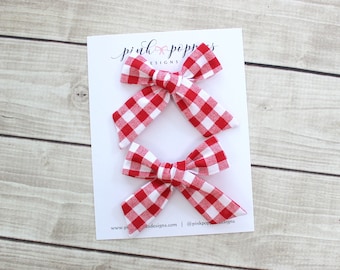 Red Gingham Pigtail Set, Red Plaid Baby Bows, Gingham Hair Bow Set, Gingham Hair Clips, Baby Pigtail Bows, Red and White Hair Bows, Baby Bow