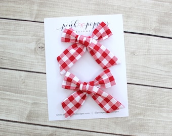 Red Gingham Pigtail Set, Red Plaid Baby Bows, July 4th Hair Bows, Gingham Hair Clips, Baby Pigtail Bows, Red and White Hair Bows, Baby Bow