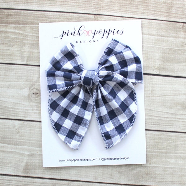 Navy Gingham Hair Bow, Navy Plaid Bow, July 4th Hair Bow, Bow Hair Clip, Navy Hair Bow, Memorial Day Hair Bow, Gingham Bow Headband