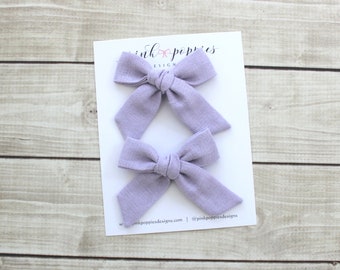 Lavender Linen Pigtail Bows, Lavender Linen Bows, Purple Hair Bows, Lavender Piggy Bows, Light Purple Hair Clips, Lavender Bow Set