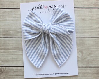 Chambray Striped Fable Bow  -  Linen Bow on Alligator Clip - Fits Toddlers and Girls