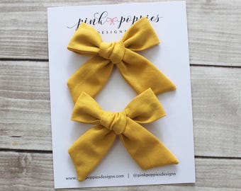Mustard Yellow Pigtail Set  -  Piggy Bows for Toddlers and Girls  - Cotton, Hand-tied