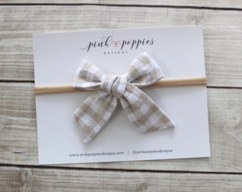 Neutral Plaid Baby Bow  -  Soft Nylon Headband  -  Linen, Hand-tied Style