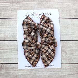 Fall Gingham Pigtail Bows, Plaid Pigtail Bows, Toddler Pigtail Bows, Fall Plaid Hair Clips, Fall Piggy Bows, Neutral Gingham Bows, Fall Bows
