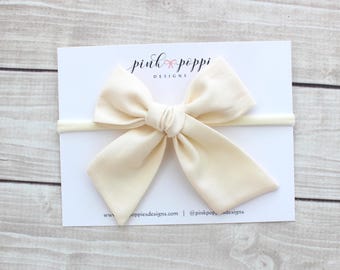 Cream Hand-tied Hair Bow  -  Nylon Headband or Alligator Clip  -  3 Sizes to fit Babies, Toddlers, Girls