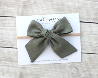 Olive Linen Hair Bow, Green Baby Headband, Olive Hair Clip, Linen Bow Headband, Newborn Headband, Baby Girl Headband, Fall Baby Bow