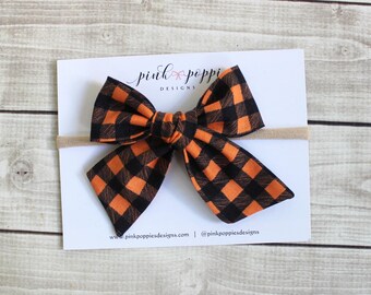 Plaid Halloween Hair Bow, Halloween Headband,  Halloween Baby Bow, Orange Gingham Bow, Halloween Hair Bow, Halloween Hair Clip, Plaid Bow