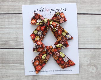 Fall Flower Pigtail Set  -  Retro Floral Print  -  Set of Two - Toddler or Girls