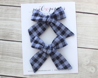 Blue Plaid Pigtail Bows -  Set of Two  -  Linen on Alligator Clips